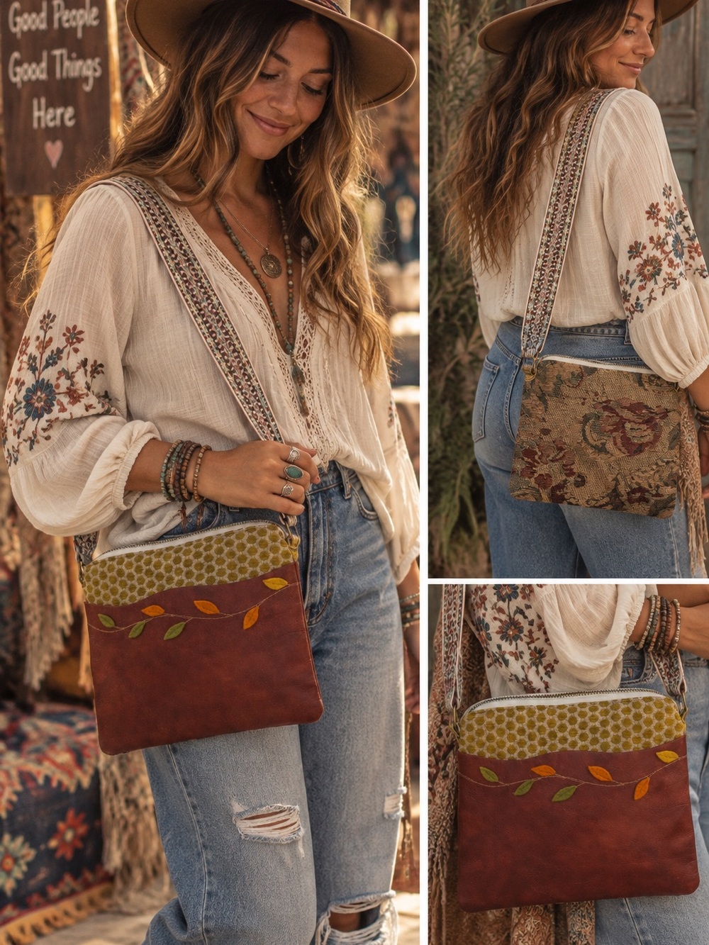 Boho Leaf Accent Crossbody Bag in Rustic Brown and Olive